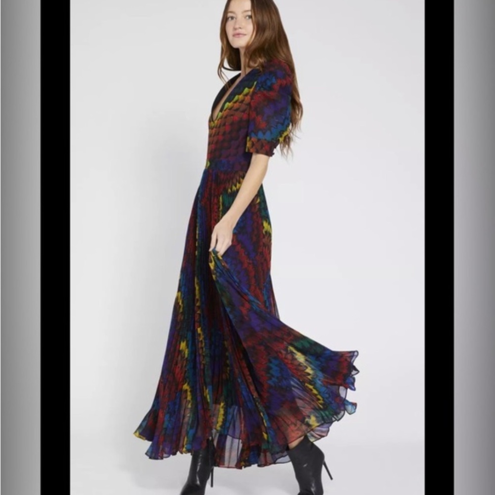 Alice + Olivia Red and Blue Puff Sleeve A-line Maxi Dress